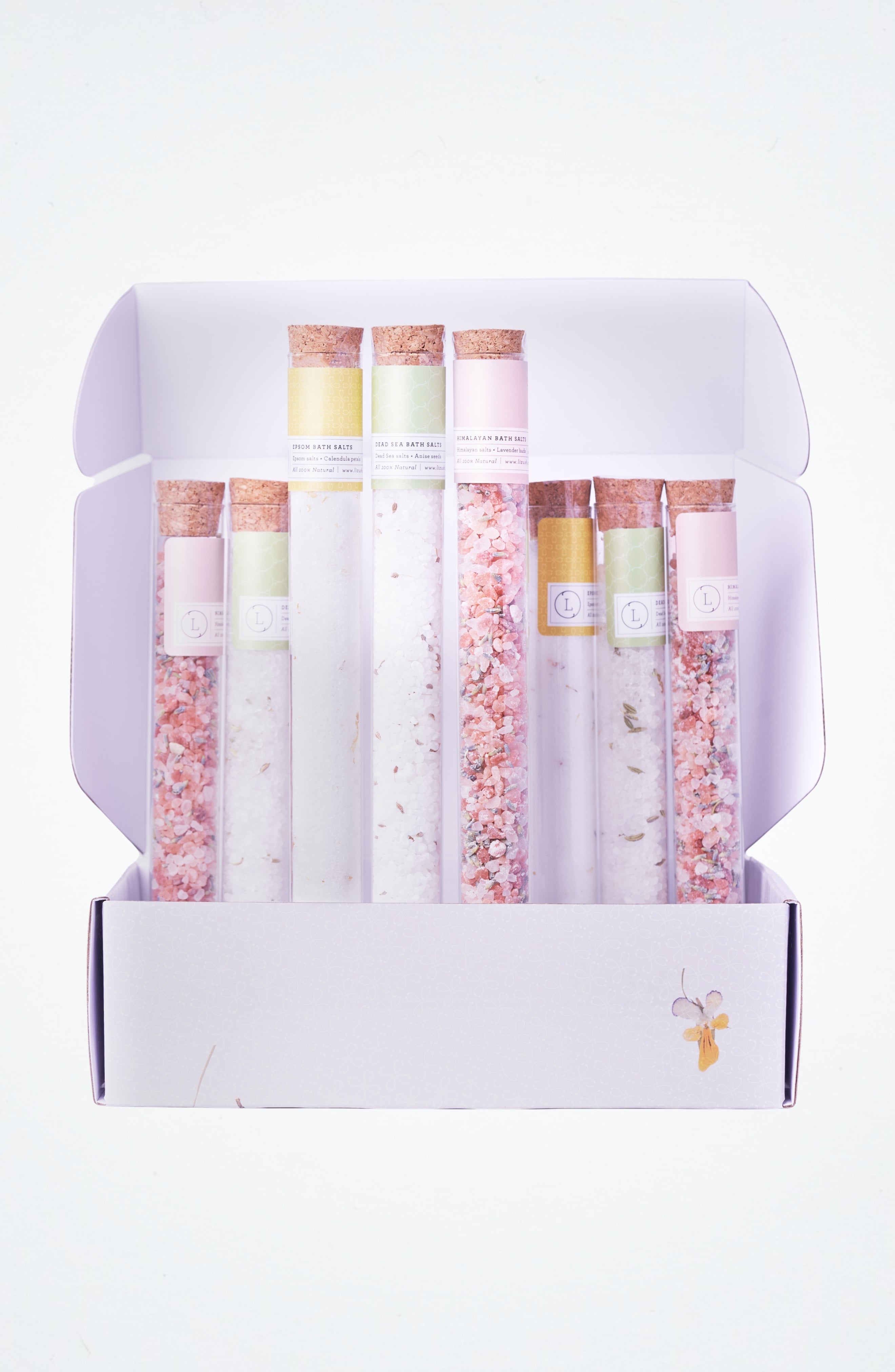 Natural Bath Salts Gift set in 8 Glass Tubes, Luxurious Bath Experience